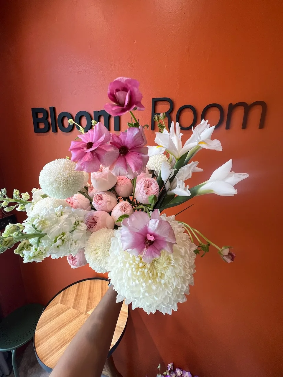 Pastel bouquet with pink anemones, garden roses and white dahlia by Bloom Room Studio, Koh Samui